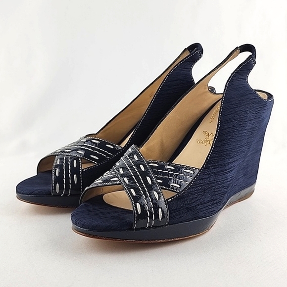 Modern Vintage Diva Wedge Slingback Blue Platform Peep Toe Shoe Sandal Sz 6 - Picture 1 of 16